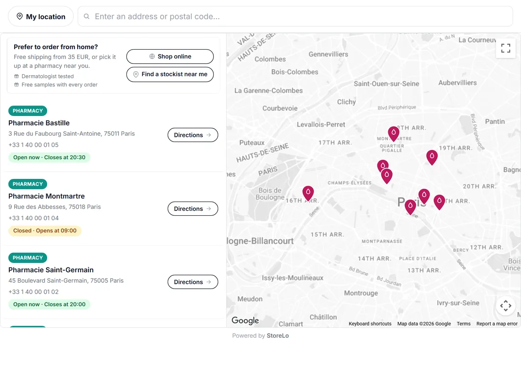 StoreLo as a stockist locator for a skincare brand: pharmacies and beauty salons in Paris, with a 