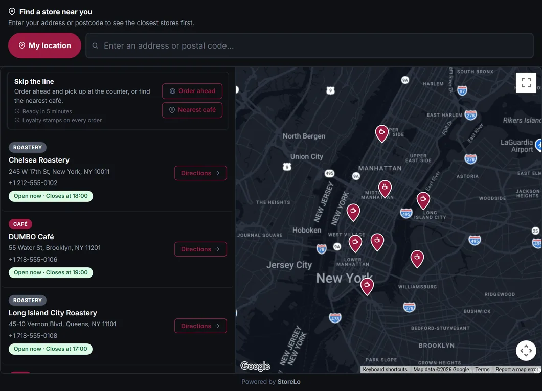 StoreLo as a multi-location finder for a café chain in New York, with coffee-cup pins, in the Dark Mode template.