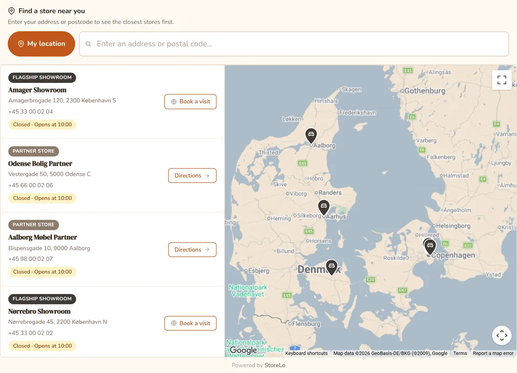 StoreLo as a showroom locator for a furniture brand: flagship showrooms and partner stores across Denmark, each with a 
