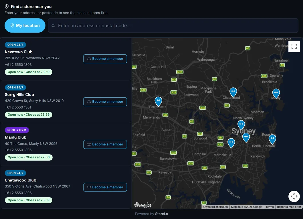 StoreLo as a club finder for a gym franchise in Sydney, with 24/7 and pool badges, in the Nocturne template.