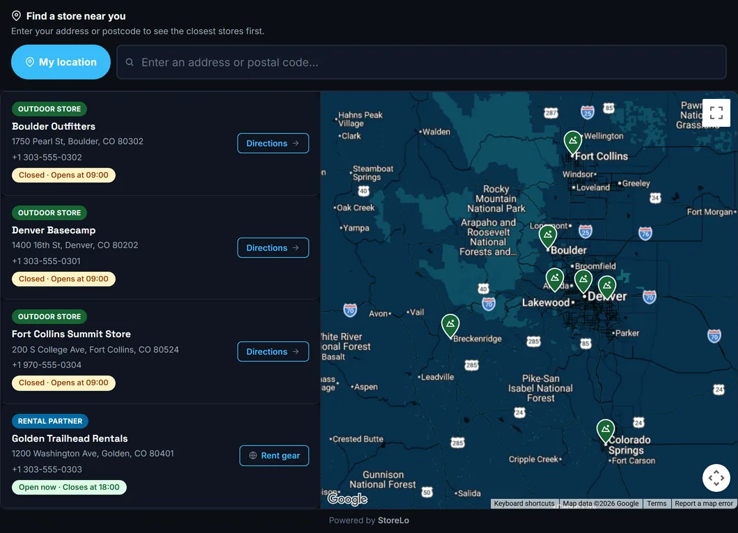 StoreLo as a dealer locator for an outdoor gear brand: outdoor stores and rental partners across Colorado on a dark theme with a midnight map.
